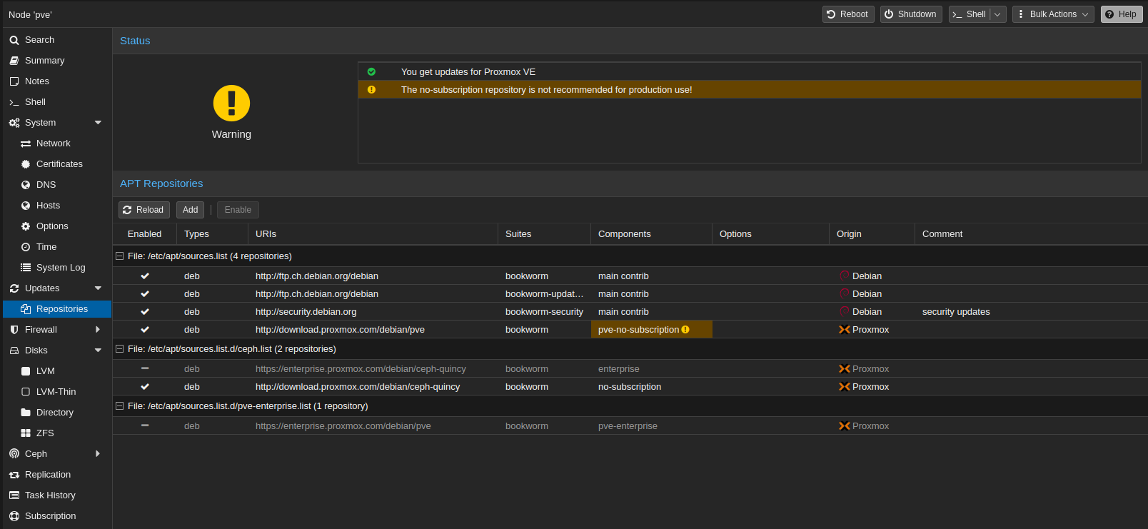 Proxmox-Weboberfläche: APT-Repositories-Übersicht mit aktiviertem no-subscription- und deaktiviertem enterprise-Repo